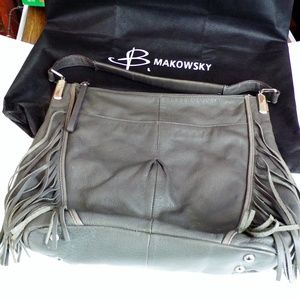 B Makowsky Gray Leather Fringe Hobo Handbag Purse